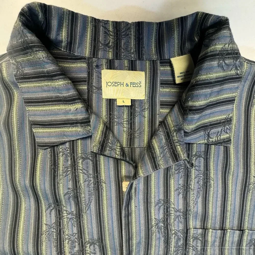 Joseph & Feiss Palm Tree Silk Button-Up Short Sleeve Men L Blue Black Striped